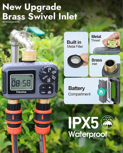 2 Outlets Sprinkler Timer with Brass Inlet & Outlet, Water Timer for Garden Hose with Auto/Manual Modes + Rain Delay, Hose Timers for Garden, Yard Lawn, IPX5 Waterproof & Save Water