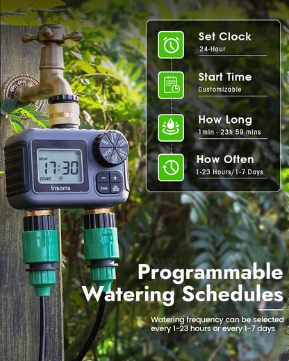 2 Outlets Sprinkler Timer with Brass Inlet & Outlet, Water Timer for Garden Hose with Auto/Manual Modes + Rain Delay, Hose Timers for Garden, Yard Lawn, IPX5 Waterproof & Save Water