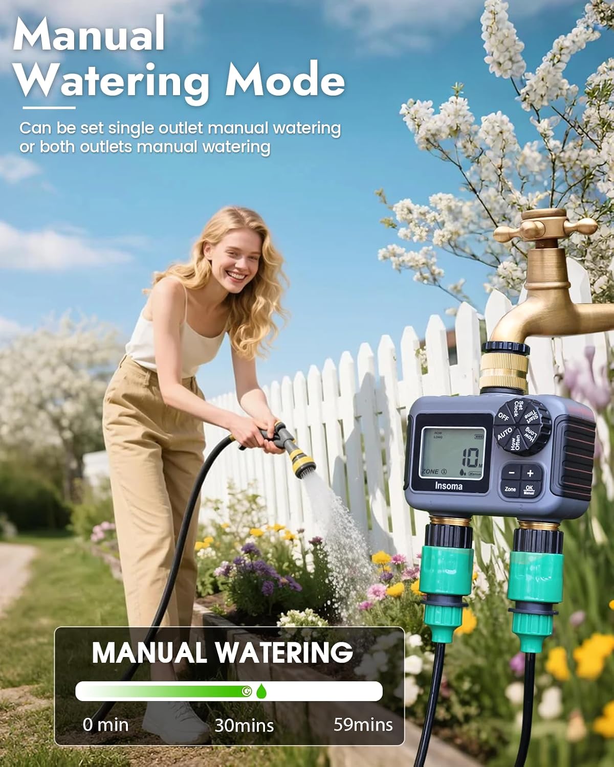 2 Outlets Sprinkler Timer with Brass Inlet & Outlet, Water Timer for Garden Hose with Auto/Manual Modes + Rain Delay, Hose Timers for Garden, Yard Lawn, IPX5 Waterproof & Save Water