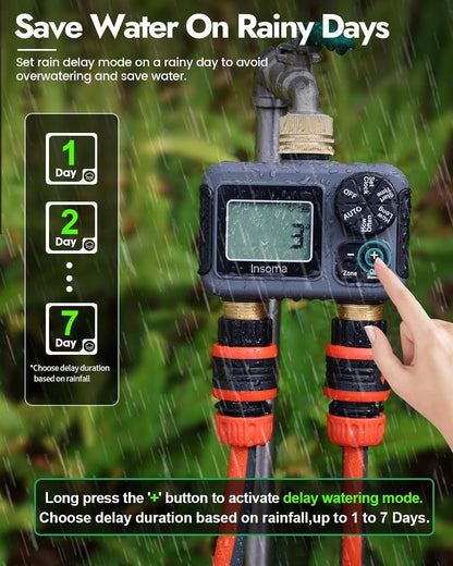 2 Outlets Sprinkler Timer with Brass Inlet & Outlet, Water Timer for Garden Hose with Auto/Manual Modes + Rain Delay, Hose Timers for Garden, Yard Lawn, IPX5 Waterproof & Save Water