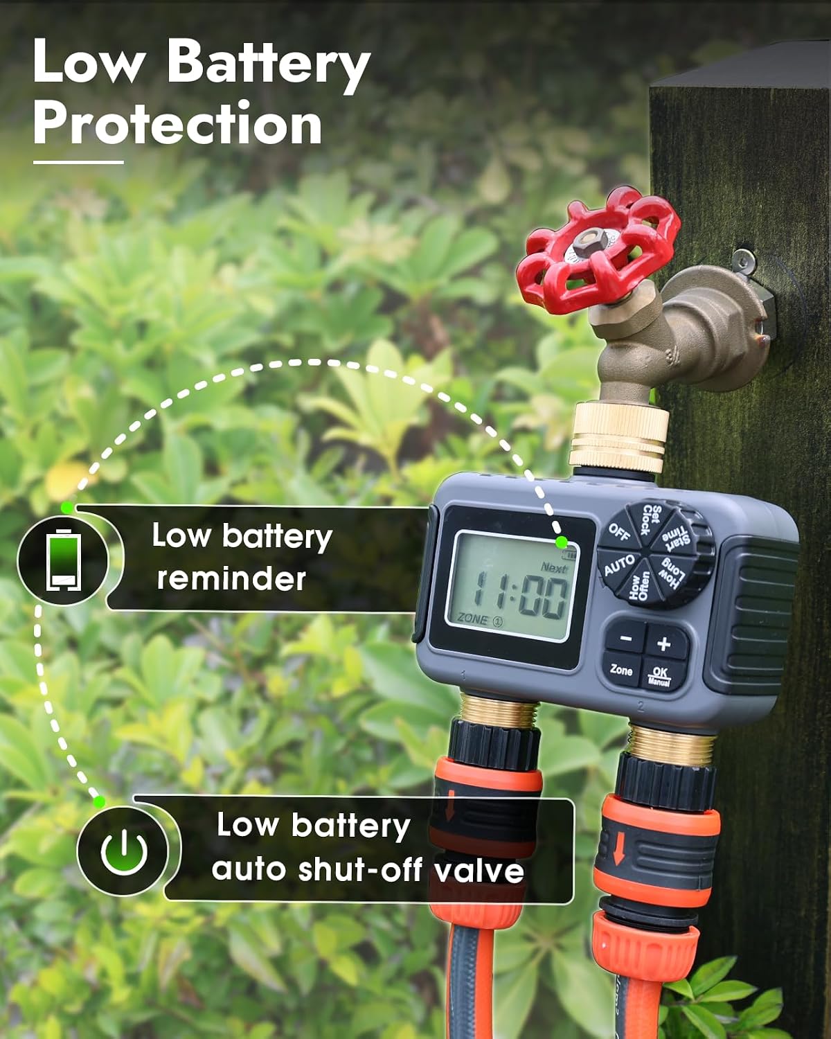 2 Outlets Sprinkler Timer with Brass Inlet & Outlet, Water Timer for Garden Hose with Auto/Manual Modes + Rain Delay, Hose Timers for Garden, Yard Lawn, IPX5 Waterproof & Save Water