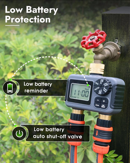 2 Outlets Sprinkler Timer with Brass Inlet & Outlet, Water Timer for Garden Hose with Auto/Manual Modes + Rain Delay, Hose Timers for Garden, Yard Lawn, IPX5 Waterproof & Save Water