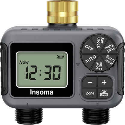 2 Outlets Sprinkler Timer with Brass Inlet & Outlet, Water Timer for Garden Hose with Auto/Manual Modes + Rain Delay, Hose Timers for Garden, Yard Lawn, IPX5 Waterproof & Save Water