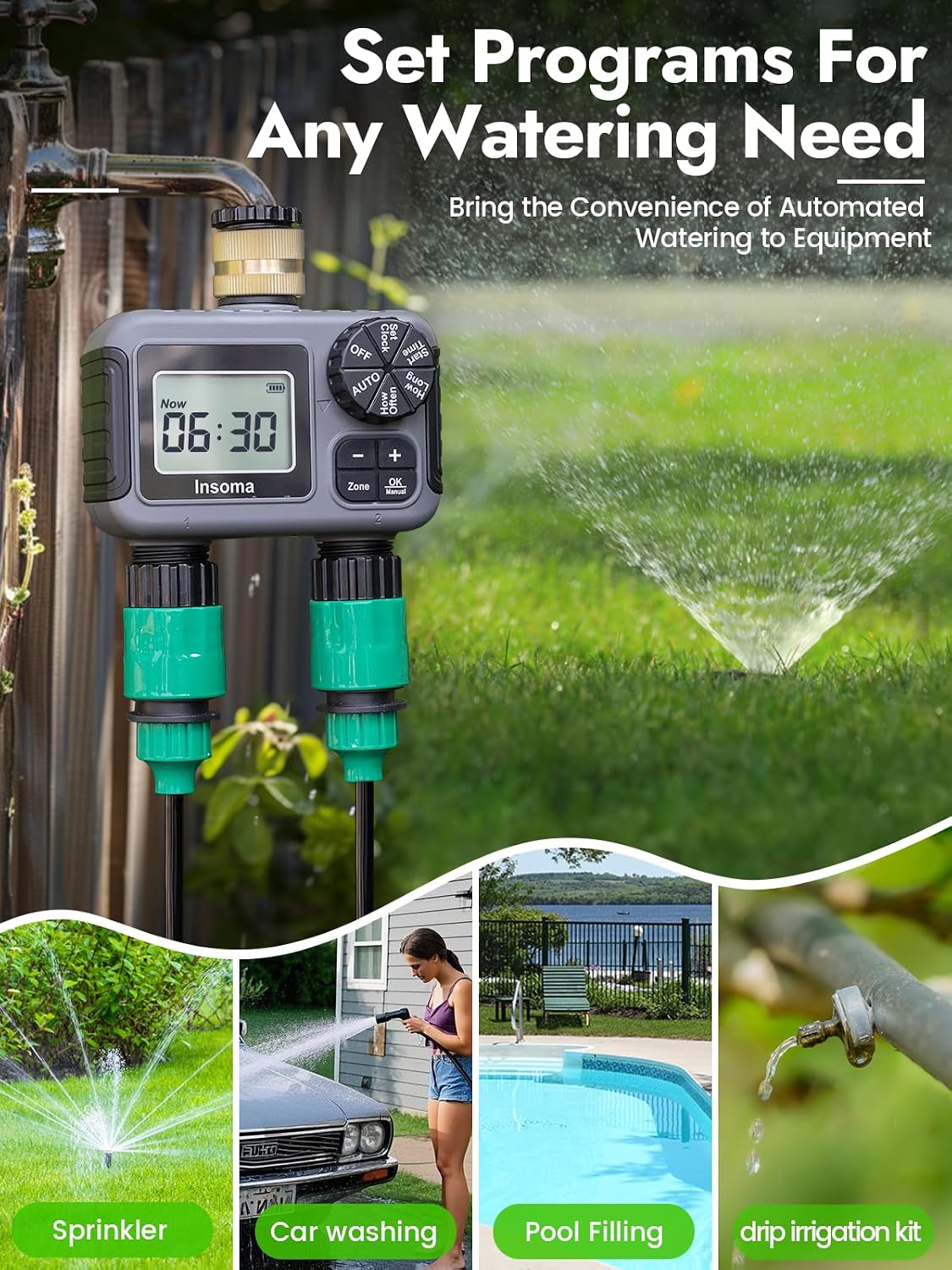 2 Outlets Sprinkler Timer with Brass Inlet & Outlet, Water Timer for Garden Hose with Auto/Manual Modes + Rain Delay, Hose Timers for Garden, Yard Lawn, IPX5 Waterproof & Save Water