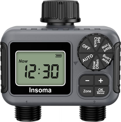 2 Outlets Sprinkler Timer with Brass Inlet & Outlet, Water Timer for Garden Hose with Auto/Manual Modes + Rain Delay, Hose Timers for Garden, Yard Lawn, IPX5 Waterproof & Save Water