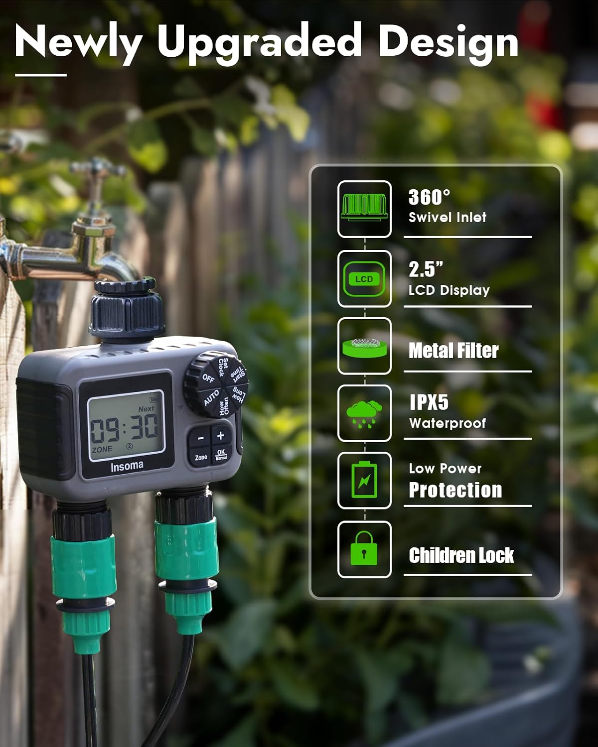 2 Outlets Sprinkler Timer with Brass Inlet & Outlet, Water Timer for Garden Hose with Auto/Manual Modes + Rain Delay, Hose Timers for Garden, Yard Lawn, IPX5 Waterproof & Save Water