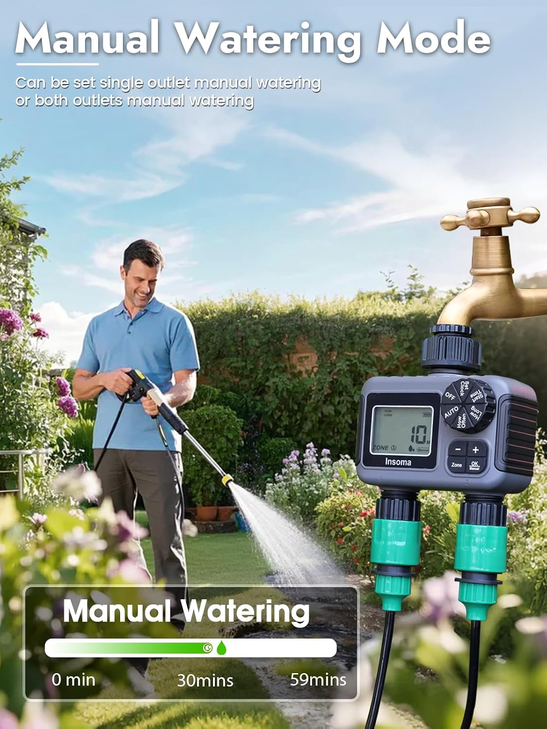 2 Outlets Sprinkler Timer with Brass Inlet & Outlet, Water Timer for Garden Hose with Auto/Manual Modes + Rain Delay, Hose Timers for Garden, Yard Lawn, IPX5 Waterproof & Save Water