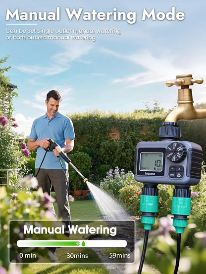 2 Outlets Sprinkler Timer with Brass Inlet & Outlet, Water Timer for Garden Hose with Auto/Manual Modes + Rain Delay, Hose Timers for Garden, Yard Lawn, IPX5 Waterproof & Save Water