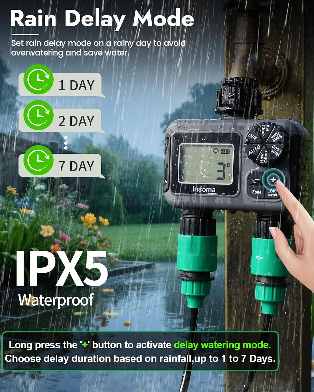 2 Outlets Sprinkler Timer with Brass Inlet & Outlet, Water Timer for Garden Hose with Auto/Manual Modes + Rain Delay, Hose Timers for Garden, Yard Lawn, IPX5 Waterproof & Save Water