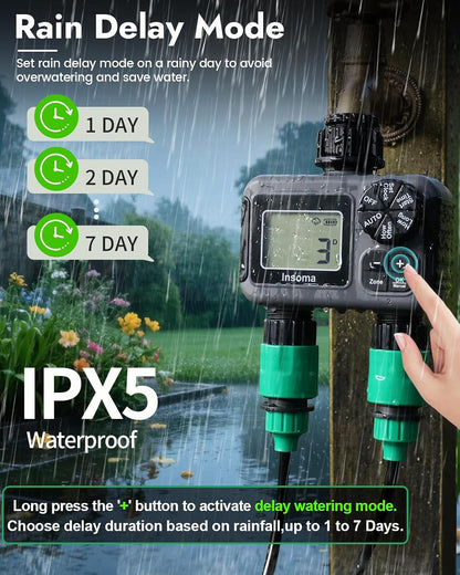 2 Outlets Sprinkler Timer with Brass Inlet & Outlet, Water Timer for Garden Hose with Auto/Manual Modes + Rain Delay, Hose Timers for Garden, Yard Lawn, IPX5 Waterproof & Save Water