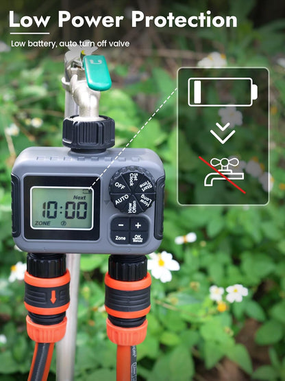 2 Outlets Sprinkler Timer with Brass Inlet & Outlet, Water Timer for Garden Hose with Auto/Manual Modes + Rain Delay, Hose Timers for Garden, Yard Lawn, IPX5 Waterproof & Save Water