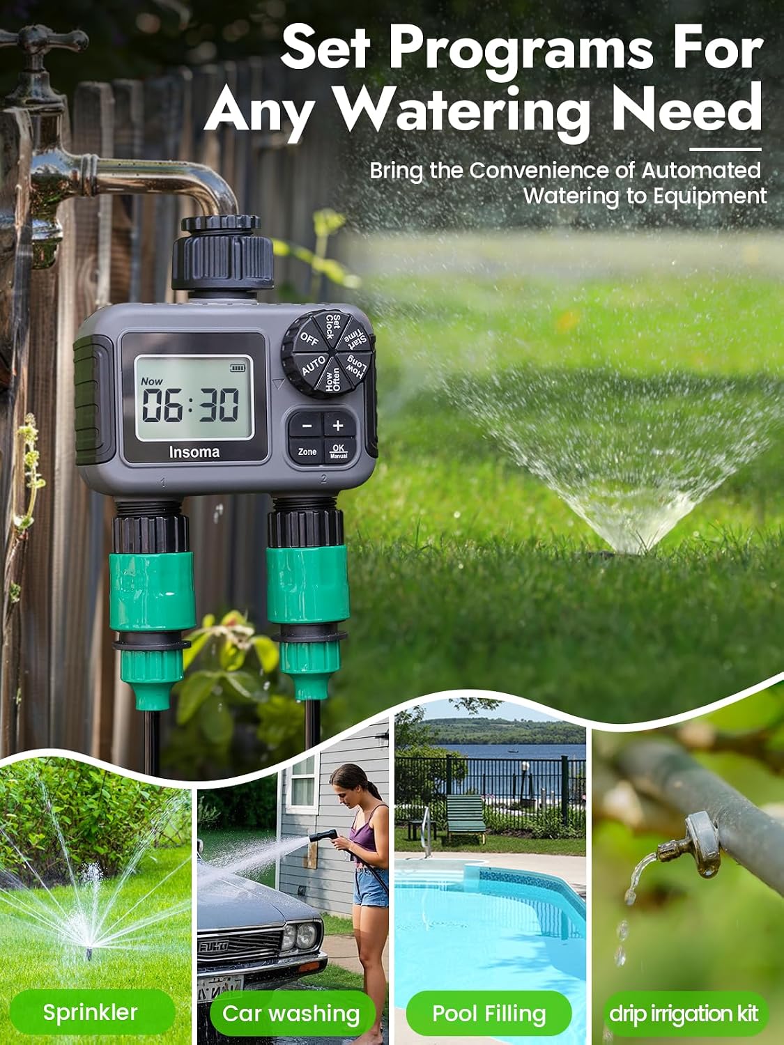 2 Outlets Sprinkler Timer with Brass Inlet & Outlet, Water Timer for Garden Hose with Auto/Manual Modes + Rain Delay, Hose Timers for Garden, Yard Lawn, IPX5 Waterproof & Save Water