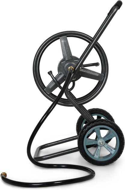 2‑Wheel Garden Hose Reel Cart, Portable Hand‑Crank Hose Reel, Rust‑Resistant Hammertone Gray Finish, Brass Connectors