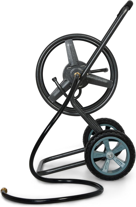 2‑Wheel Garden Hose Reel Cart, Portable Hand‑Crank Hose Reel, Rust‑Resistant Hammertone Gray Finish, Brass Connectors