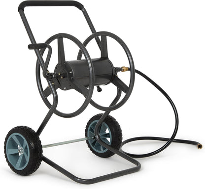 2‑Wheel Garden Hose Reel Cart, Portable Hand‑Crank Hose Reel, Rust‑Resistant Hammertone Gray Finish, Brass Connectors