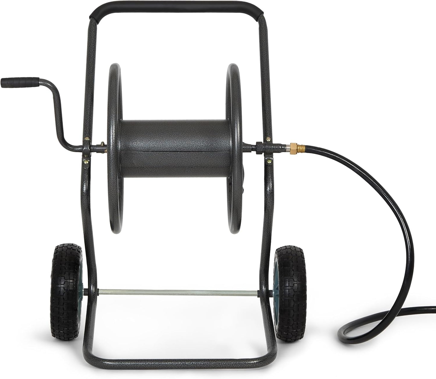 2‑Wheel Garden Hose Reel Cart, Portable Hand‑Crank Hose Reel, Rust‑Resistant Hammertone Gray Finish, Brass Connectors