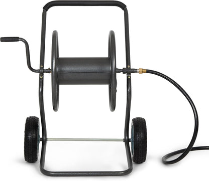 2‑Wheel Garden Hose Reel Cart, Portable Hand‑Crank Hose Reel, Rust‑Resistant Hammertone Gray Finish, Brass Connectors