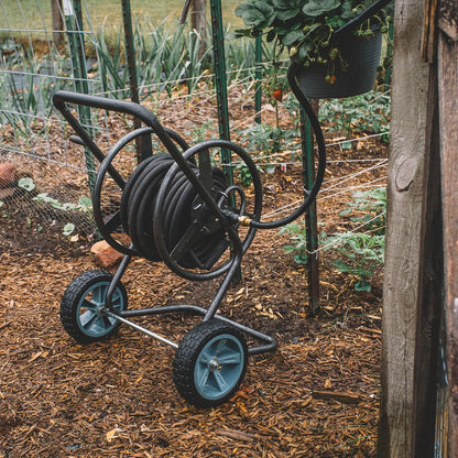2‑Wheel Garden Hose Reel Cart, Portable Hand‑Crank Hose Reel, Rust‑Resistant Hammertone Gray Finish, Brass Connectors