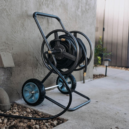 2‑Wheel Garden Hose Reel Cart, Portable Hand‑Crank Hose Reel, Rust‑Resistant Hammertone Gray Finish, Brass Connectors