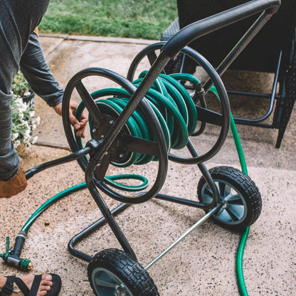 2‑Wheel Garden Hose Reel Cart, Portable Hand‑Crank Hose Reel, Rust‑Resistant Hammertone Gray Finish, Brass Connectors