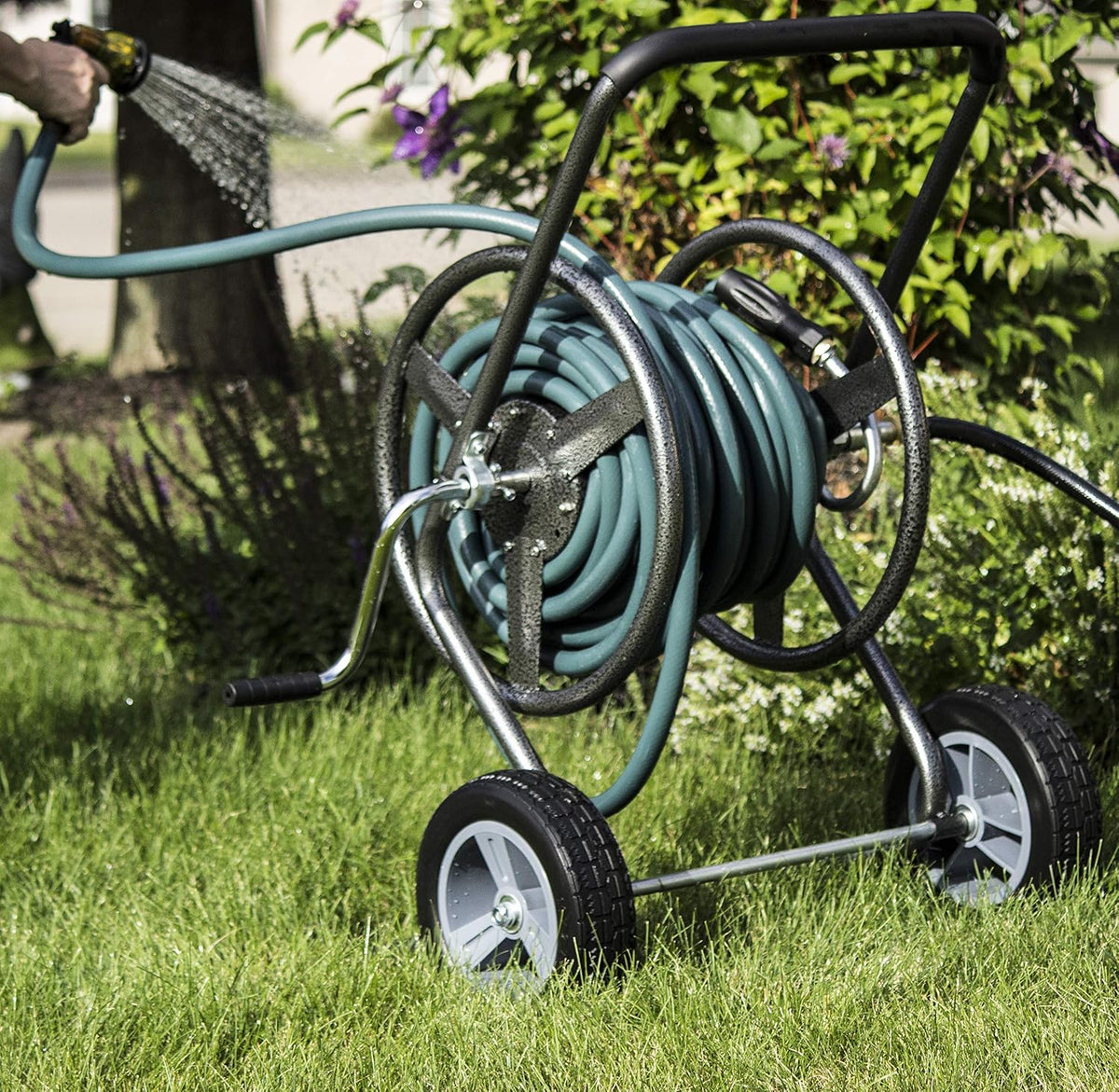 2‑Wheel Garden Hose Reel Cart, Portable Hand‑Crank Hose Reel, Rust‑Resistant Hammertone Gray Finish, Brass Connectors