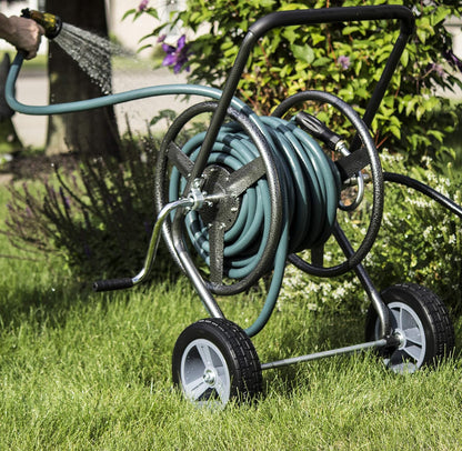2‑Wheel Garden Hose Reel Cart, Portable Hand‑Crank Hose Reel, Rust‑Resistant Hammertone Gray Finish, Brass Connectors