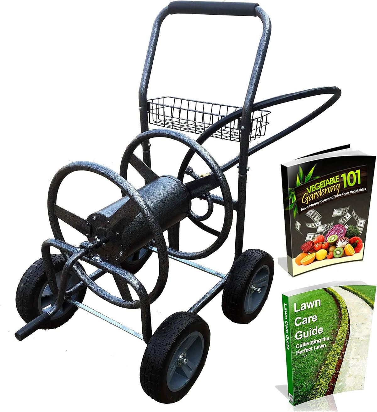 2‑Wheel Garden Hose Reel Cart, Portable Hand‑Crank Hose Reel, Rust‑Resistant Hammertone Gray Finish, Brass Connectors