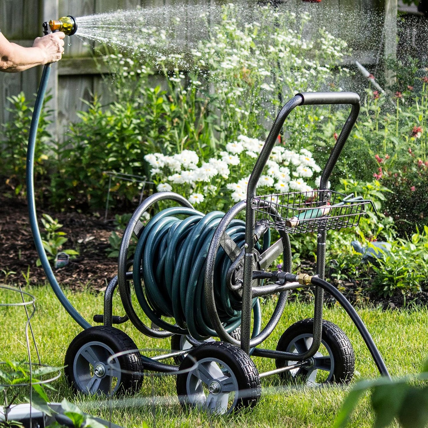2‑Wheel Garden Hose Reel Cart, Portable Hand‑Crank Hose Reel, Rust‑Resistant Hammertone Gray Finish, Brass Connectors