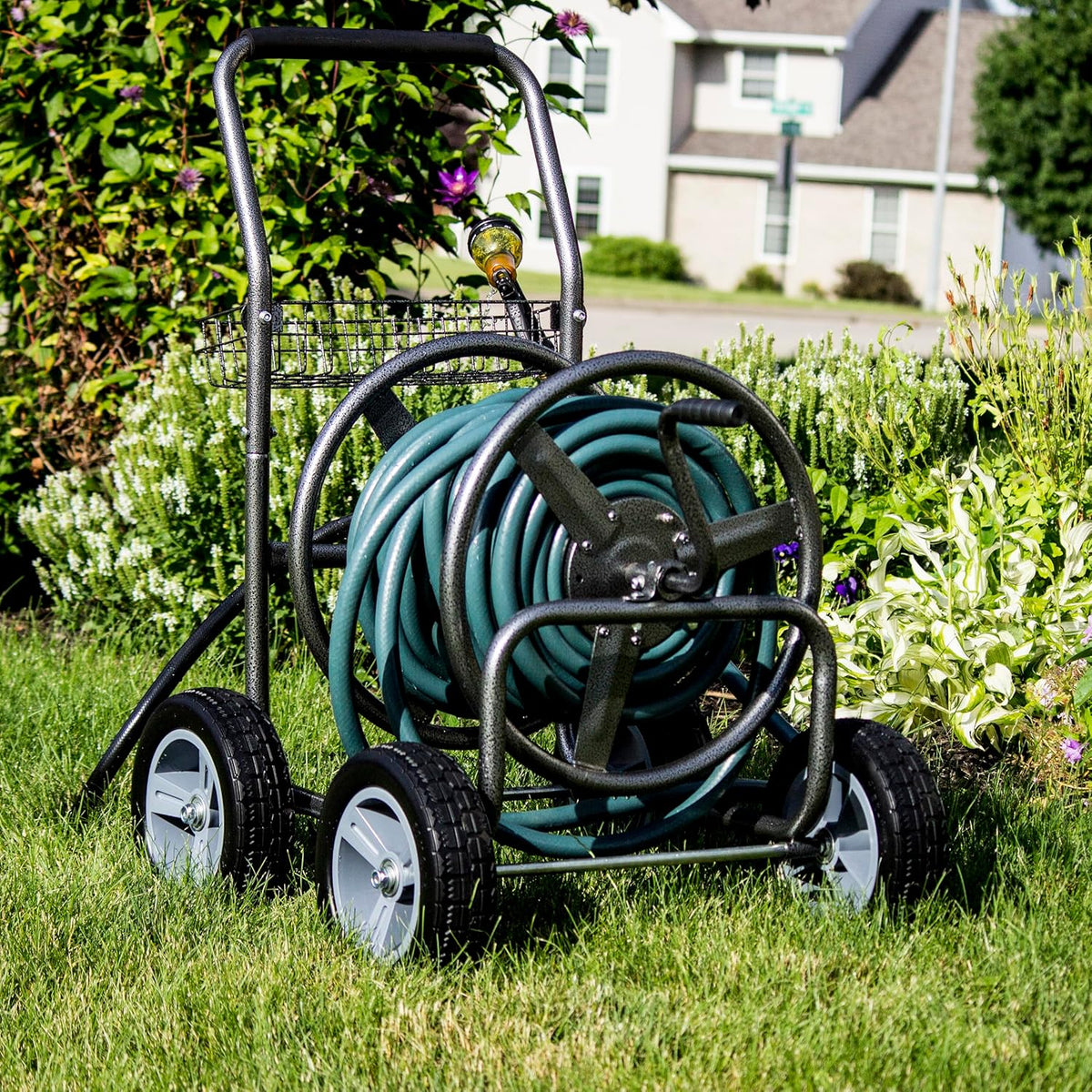 2‑Wheel Garden Hose Reel Cart, Portable Hand‑Crank Hose Reel, Rust‑Resistant Hammertone Gray Finish, Brass Connectors