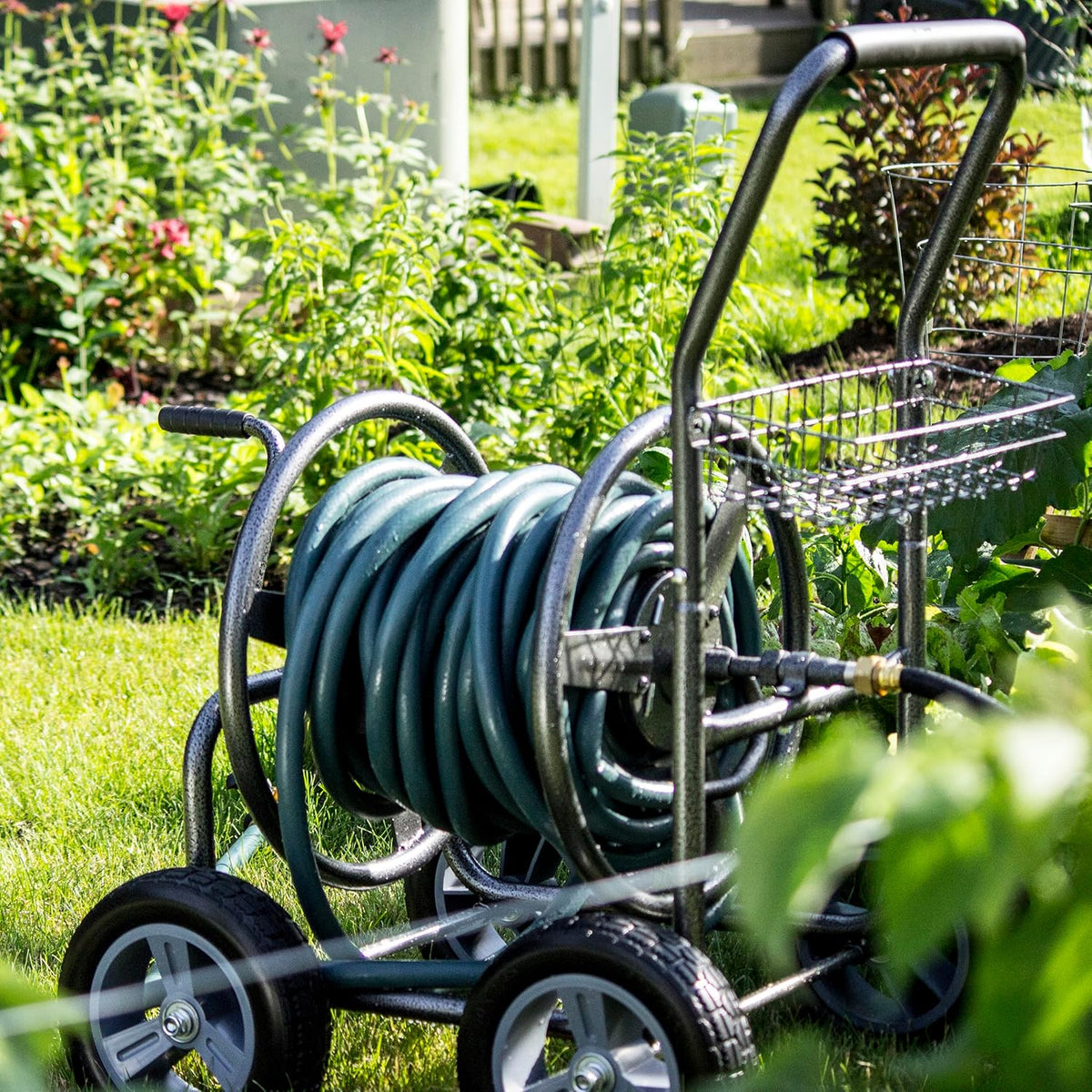 2‑Wheel Garden Hose Reel Cart, Portable Hand‑Crank Hose Reel, Rust‑Resistant Hammertone Gray Finish, Brass Connectors