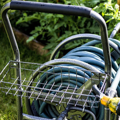 2‑Wheel Garden Hose Reel Cart, Portable Hand‑Crank Hose Reel, Rust‑Resistant Hammertone Gray Finish, Brass Connectors