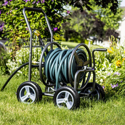 2‑Wheel Garden Hose Reel Cart, Portable Hand‑Crank Hose Reel, Rust‑Resistant Hammertone Gray Finish, Brass Connectors