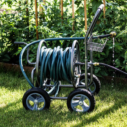 2‑Wheel Garden Hose Reel Cart, Portable Hand‑Crank Hose Reel, Rust‑Resistant Hammertone Gray Finish, Brass Connectors