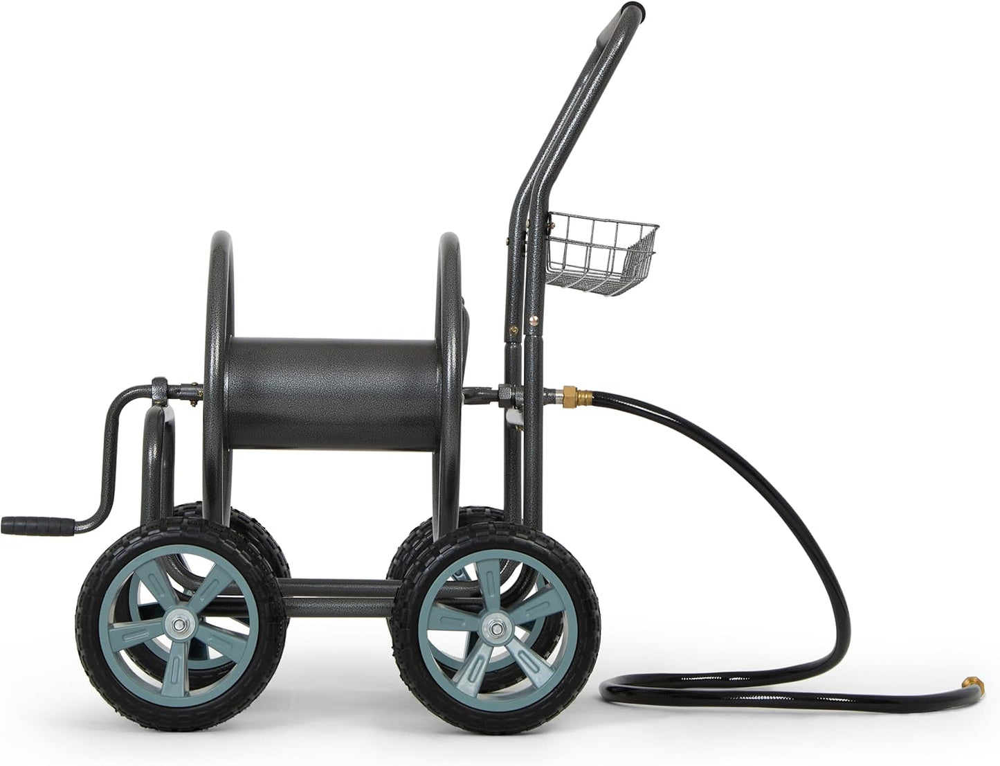2‑Wheel Garden Hose Reel Cart, Portable Hand‑Crank Hose Reel, Rust‑Resistant Hammertone Gray Finish, Brass Connectors