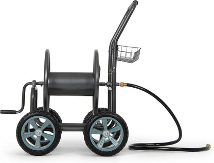 2‑Wheel Garden Hose Reel Cart, Portable Hand‑Crank Hose Reel, Rust‑Resistant Hammertone Gray Finish, Brass Connectors