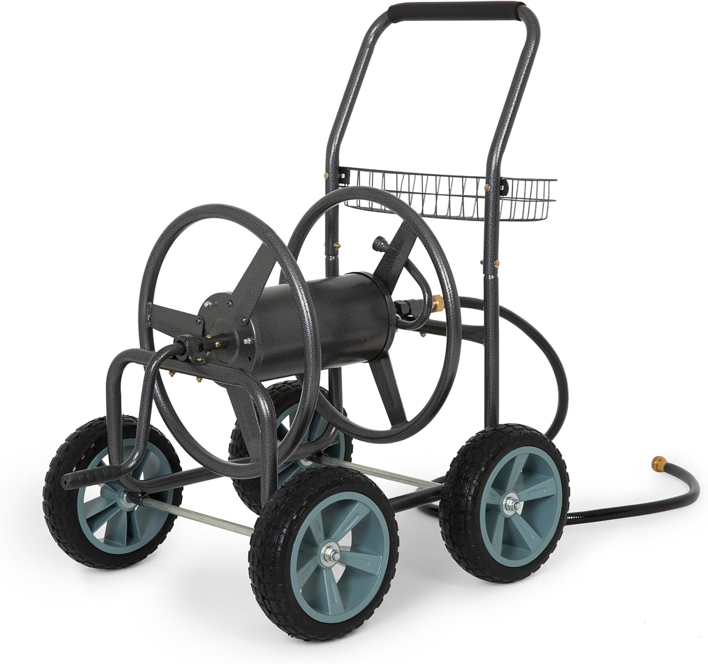 2‑Wheel Garden Hose Reel Cart, Portable Hand‑Crank Hose Reel, Rust‑Resistant Hammertone Gray Finish, Brass Connectors