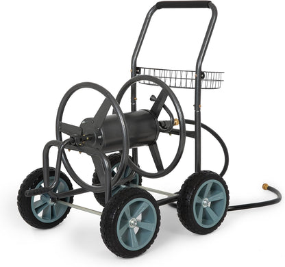 2‑Wheel Garden Hose Reel Cart, Portable Hand‑Crank Hose Reel, Rust‑Resistant Hammertone Gray Finish, Brass Connectors