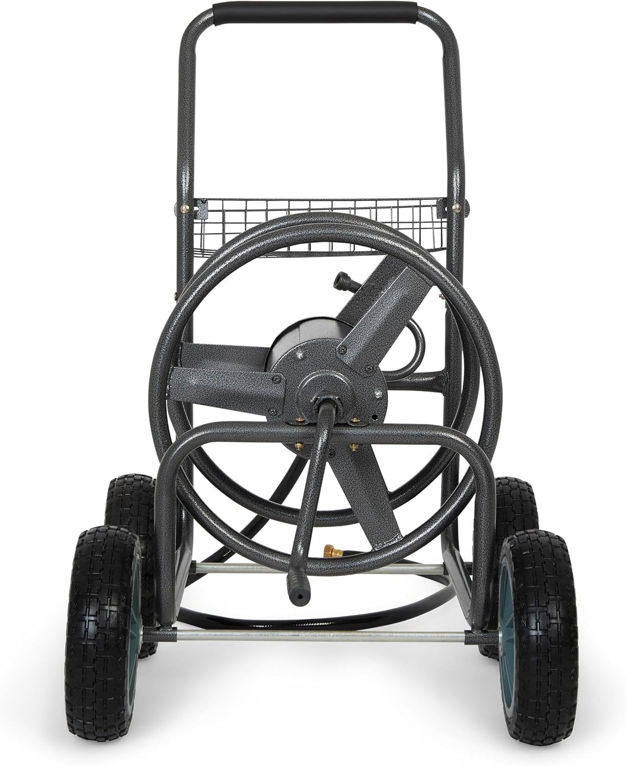 2‑Wheel Garden Hose Reel Cart, Portable Hand‑Crank Hose Reel, Rust‑Resistant Hammertone Gray Finish, Brass Connectors