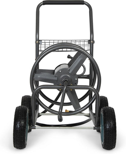2‑Wheel Garden Hose Reel Cart, Portable Hand‑Crank Hose Reel, Rust‑Resistant Hammertone Gray Finish, Brass Connectors