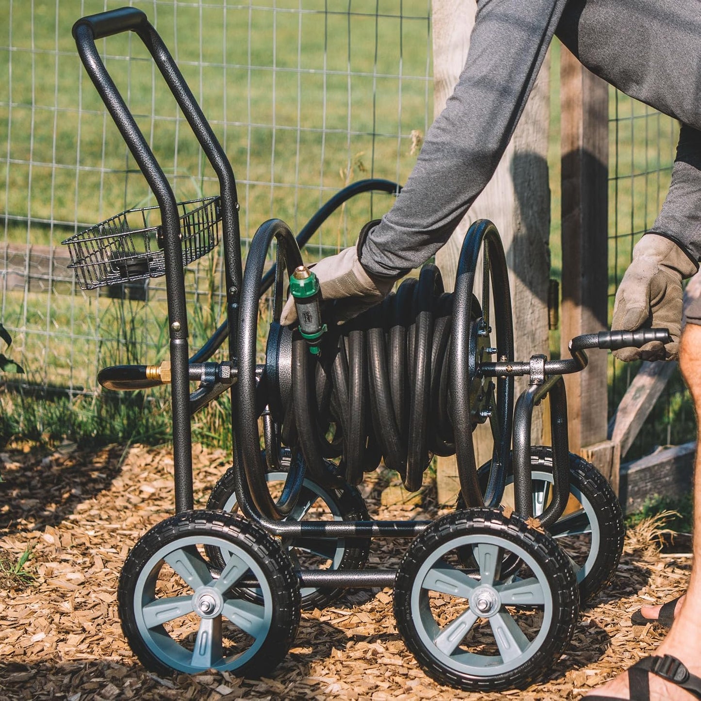 2‑Wheel Garden Hose Reel Cart, Portable Hand‑Crank Hose Reel, Rust‑Resistant Hammertone Gray Finish, Brass Connectors