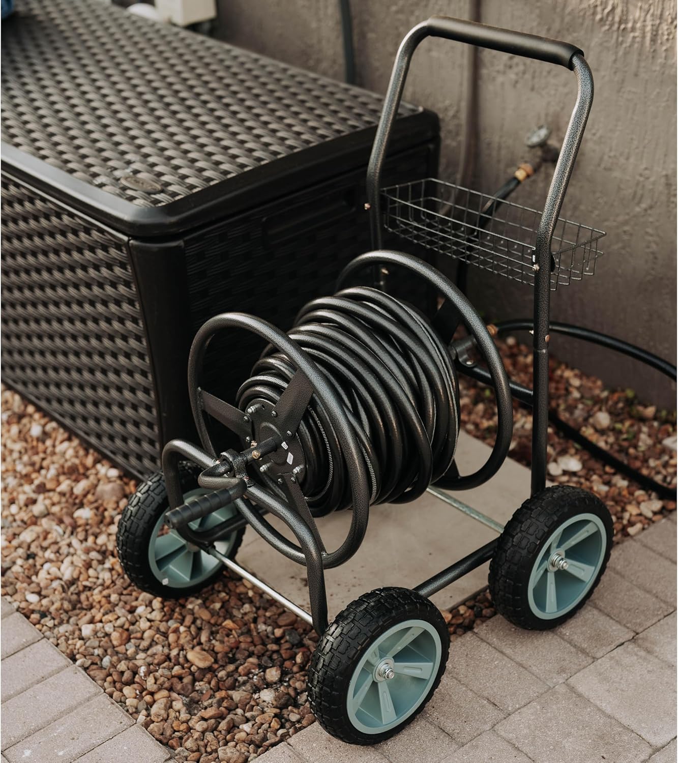 2‑Wheel Garden Hose Reel Cart, Portable Hand‑Crank Hose Reel, Rust‑Resistant Hammertone Gray Finish, Brass Connectors