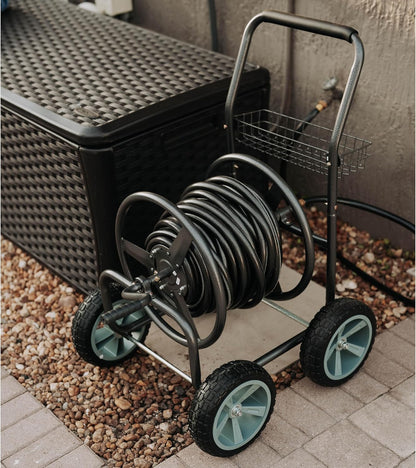 2‑Wheel Garden Hose Reel Cart, Portable Hand‑Crank Hose Reel, Rust‑Resistant Hammertone Gray Finish, Brass Connectors