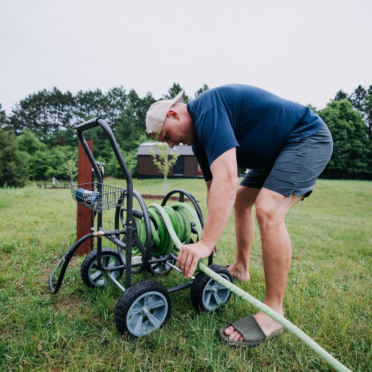 2‑Wheel Garden Hose Reel Cart, Portable Hand‑Crank Hose Reel, Rust‑Resistant Hammertone Gray Finish, Brass Connectors