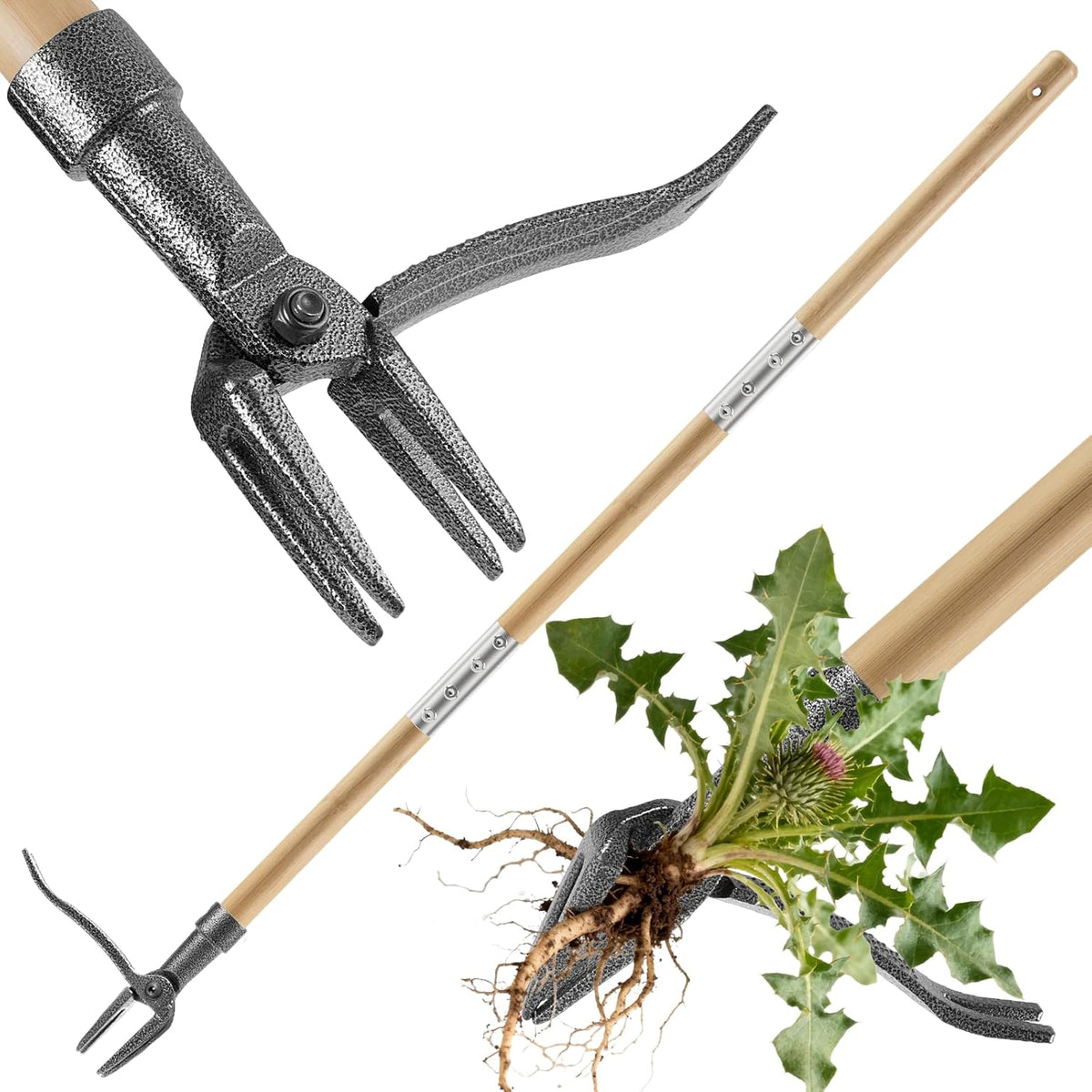 Heavy Duty Stand Up Weed Puller Tool - 46" Long Handle & 4-Claw Steel Head, Easily Remove Weeds Without Bending or Kneeling, Ergonomic Garden Weeding Tool for Seniors, Dandelion Remover
