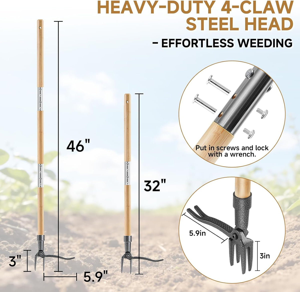 Heavy Duty Stand Up Weed Puller Tool - 46" Long Handle & 4-Claw Steel Head, Easily Remove Weeds Without Bending or Kneeling, Ergonomic Garden Weeding Tool for Seniors, Dandelion Remover