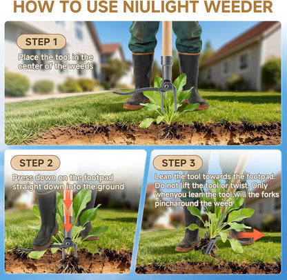 Heavy Duty Stand Up Weed Puller Tool - 46" Long Handle & 4-Claw Steel Head, Easily Remove Weeds Without Bending or Kneeling, Ergonomic Garden Weeding Tool for Seniors, Dandelion Remover