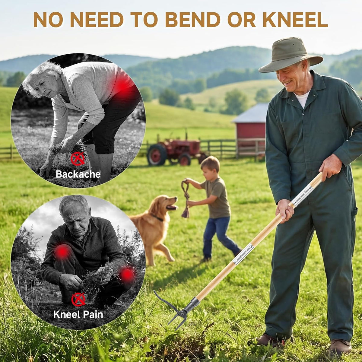 Heavy Duty Stand Up Weed Puller Tool - 46" Long Handle & 4-Claw Steel Head, Easily Remove Weeds Without Bending or Kneeling, Ergonomic Garden Weeding Tool for Seniors, Dandelion Remover
