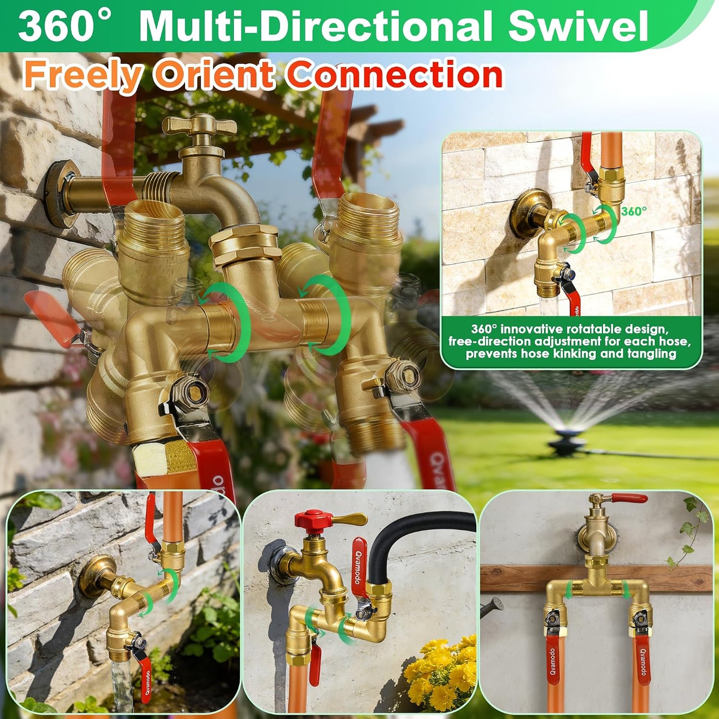 360° Rotatable Garden Hose Splitter 2026 Upgrade 3/4" GHT Swivel Brass Hose Splitter, High Flow Spigot Splitter with Seperately Shut Off Valves, Heavy Duty Faucet Splitter for Outdoor Garden Courtyard