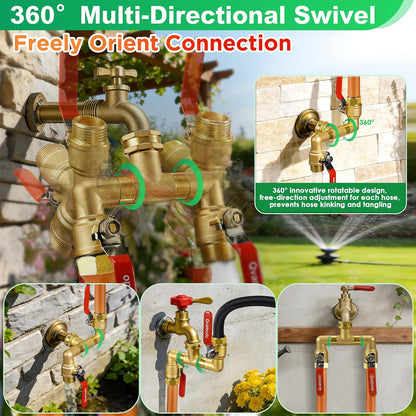 360° Rotatable Garden Hose Splitter 2026 Upgrade 3/4" GHT Swivel Brass Hose Splitter, High Flow Spigot Splitter with Seperately Shut Off Valves, Heavy Duty Faucet Splitter for Outdoor Garden Courtyard