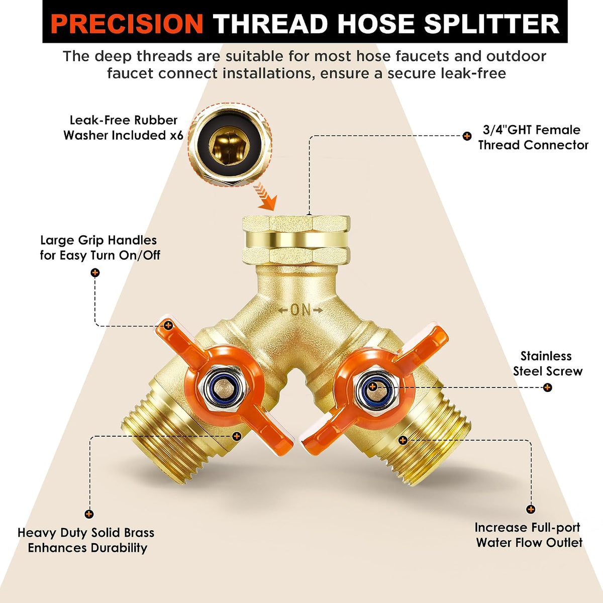 360° Rotatable Garden Hose Splitter 2026 Upgrade 3/4" GHT Swivel Brass Hose Splitter, High Flow Spigot Splitter with Seperately Shut Off Valves, Heavy Duty Faucet Splitter for Outdoor Garden Courtyard
